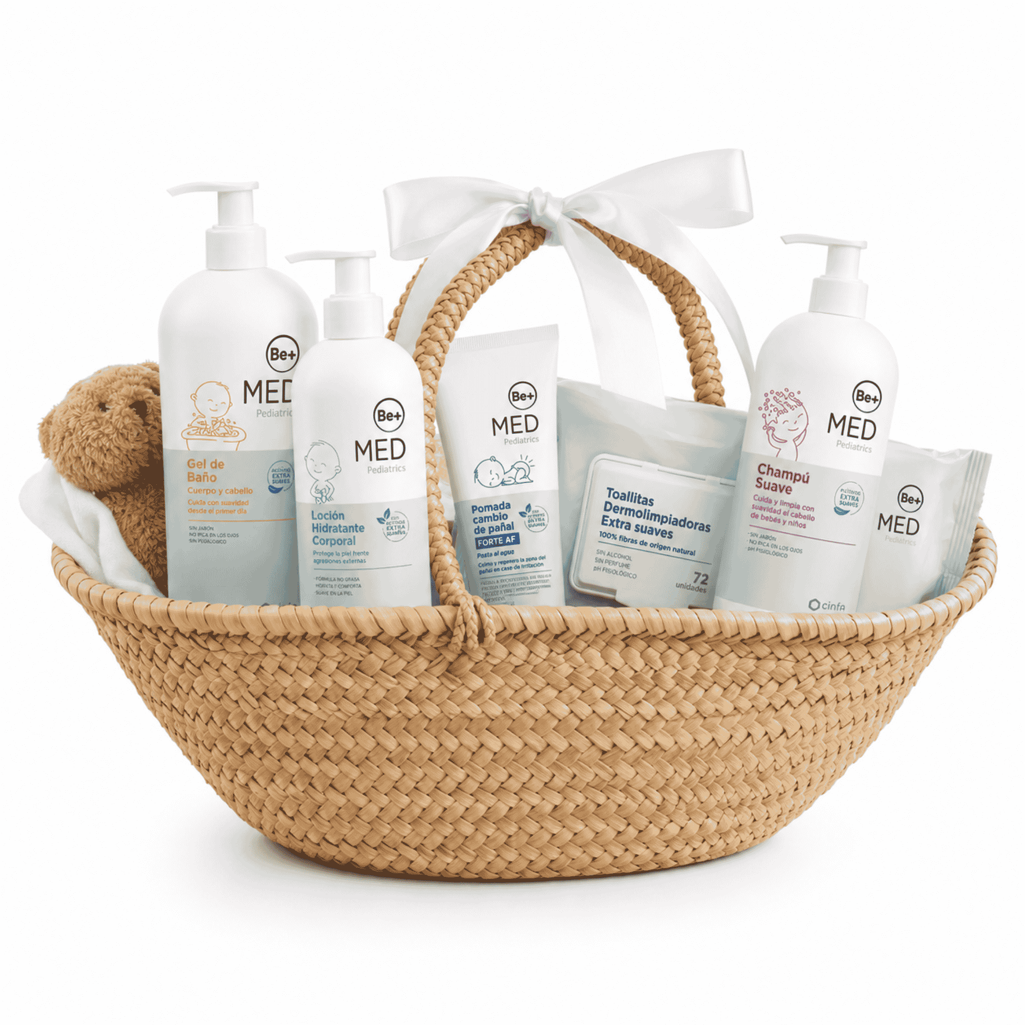 Cesta de regalo con productos Be+ MED para bebé recién nacido